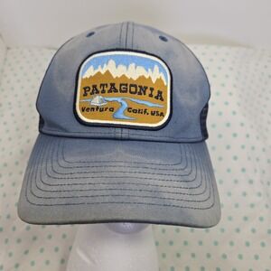 Patagonia Trucker Hat Cap Snap Back Blue Mesh Patch Outdoor Logo Mens Distressed